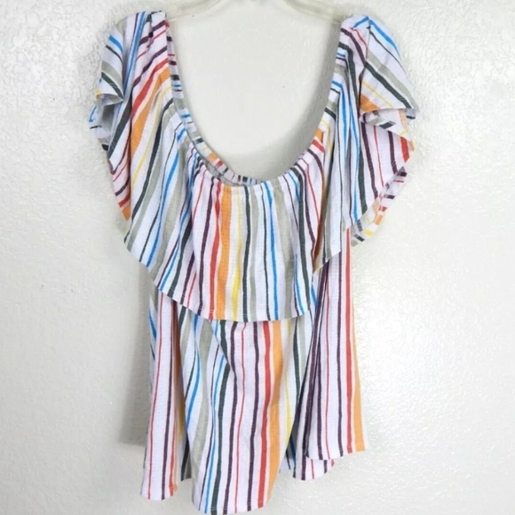 Torrid Rainbow Stripe Off Shoulder Ruffle Top - Picture 2 of 6